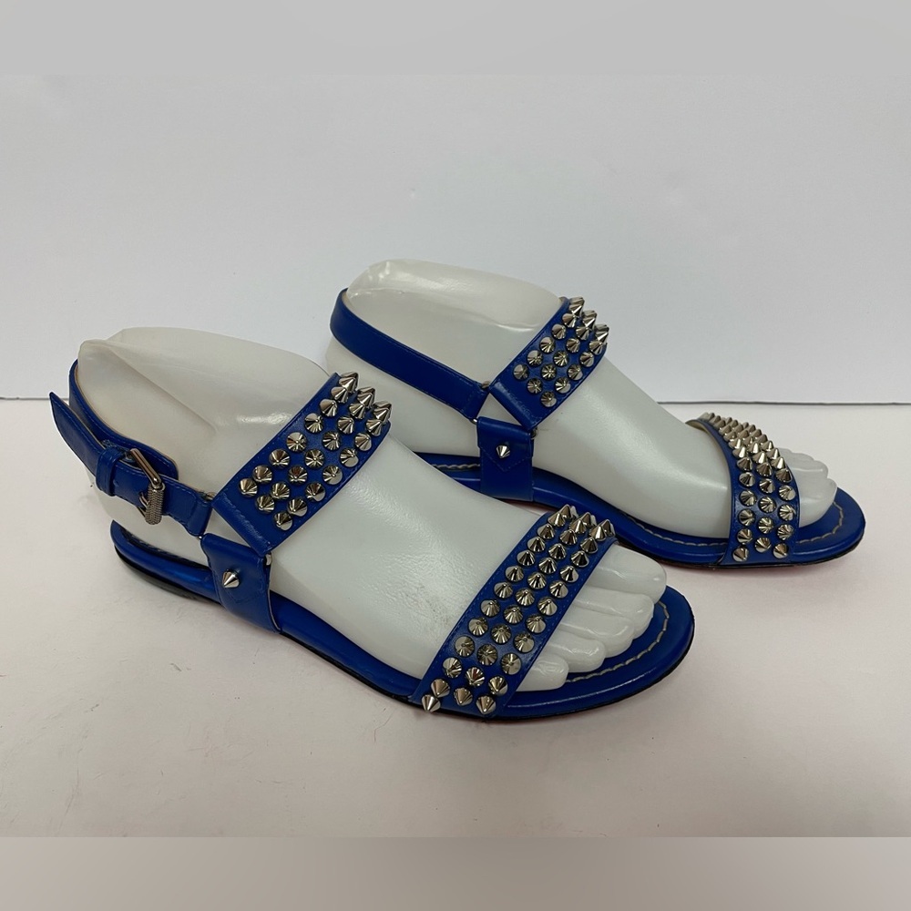 Christian Louboutin BIKEE BIKE Blue Studded Leather Flat Sandals - Picture 3 of 15